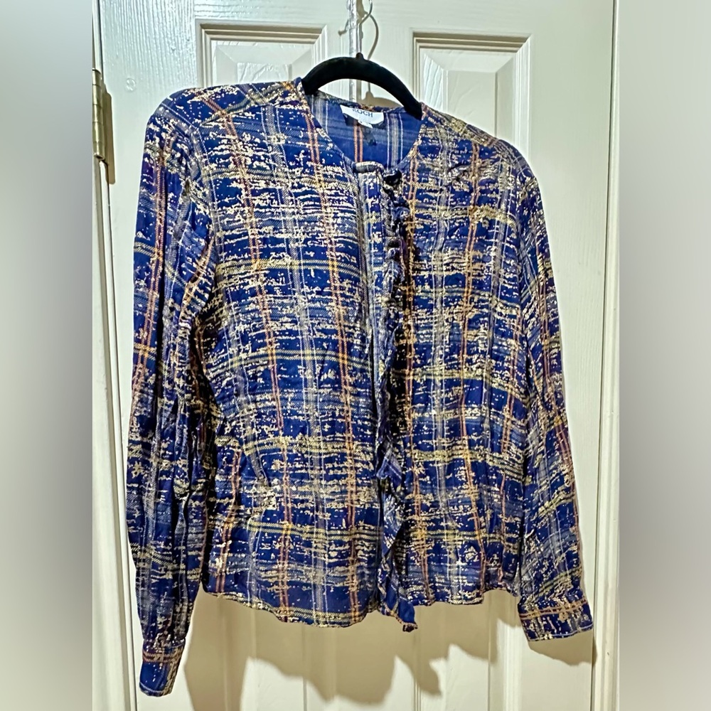 KOCH Metallic Plaid Ruffle Button Down Top – Size S